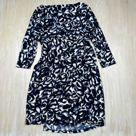 Lauren Ralph Lauren Navy White Abstract Print Ruched 3/4 Sleeve Sheath Dress 16 - Picture 11 of 14
